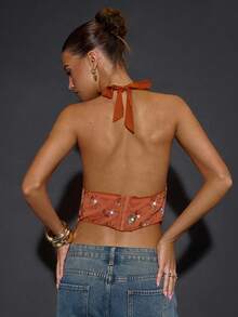 SHEIN BAE 女士休闲性感露背系带亮片衬衫 - 橘色 - 查看 2