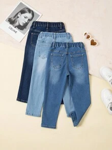3 piezas Jeans vaqueros ajustados y elásticos para niñas jóvenes, estilo casual escolar, adecuados para primavera, verano, otoño e invierno