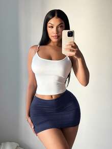 SHEIN SXY Plus Size Women's Solid Color Basic Navy Blue Sexy Casual Mini Bodycon Skirt (With Leggings Included) Dark Blue Skirt Women Skorts