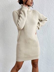EURMUSE Turtleneck Raglan Sleeve Sweater Dress - Beige - View 3