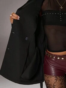 TRNVIE 1 件女士黑色休闲风衣，翻领配腰带，适合通勤和返校，秋冬季 - 黑色 - 查看 8