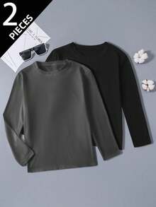 Vacaura 2pcs Boys' Casual Round Neck Long Sleeve T-Shirts, Black & White, Versatile Layering Or Standalone Wear, Spring/Autumn/Winter Fall - Grey - View 6