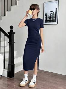 SHEIN Teen Girl Ribbed Waist Ruched Slit Casual Knit Dress - Navy Blue - View 4