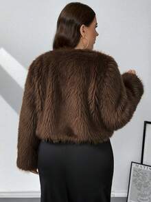 SHEIN Privé Plus Size Women Winter Solid Color Long Sleeve Fashionable Faux Fur Collar-Less Jacket Brown Jacket Women Faux Fur Coat Fur Jacket Crop Jacket, Brown For Women