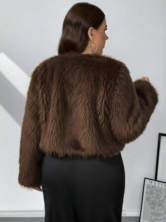 SHEIN Privé Plus Size Women Winter Solid Color Long Sleeve Fashionable Faux Fur Collar-Less Jacket Brown Jacket Women Faux Fur Coat Fur Jacket Crop Jacket, Brown For Women