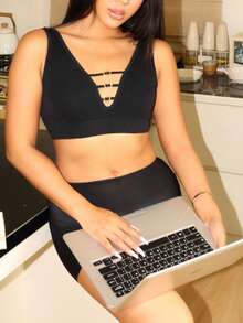 SHEIN Soutien-gorge sans fil minimaliste pour femmes - Noir - Voir 5