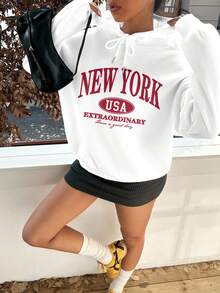 SHEIN EZwear 休闲简约红色字母印花抽绳连帽长袖宽松厚款卫衣女秋冬 - 白色 - 查看 3