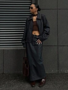 Livesso Bộ 2 món áo khoác và chân váy denim dáng rộng, phong cách đường phố cổ điển dành cho nữ, thời trang công sở, màu sắc tương phản, trang trí đường may thời trang thu đông - Màu xanh hải quân - Xem 5