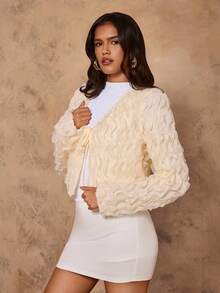 Chiquease Chaqueta ligera de mujer con volantes y lazo en la parte delantera, unicolor, elegante, para otoño - Albaricoque - Ver 6