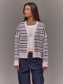 MUSERA Oversized Ribbed Knit Stripe Cardigan Occasion Going Out Night Out Winter Cute Date Night Cosy - Multicolor - View 1