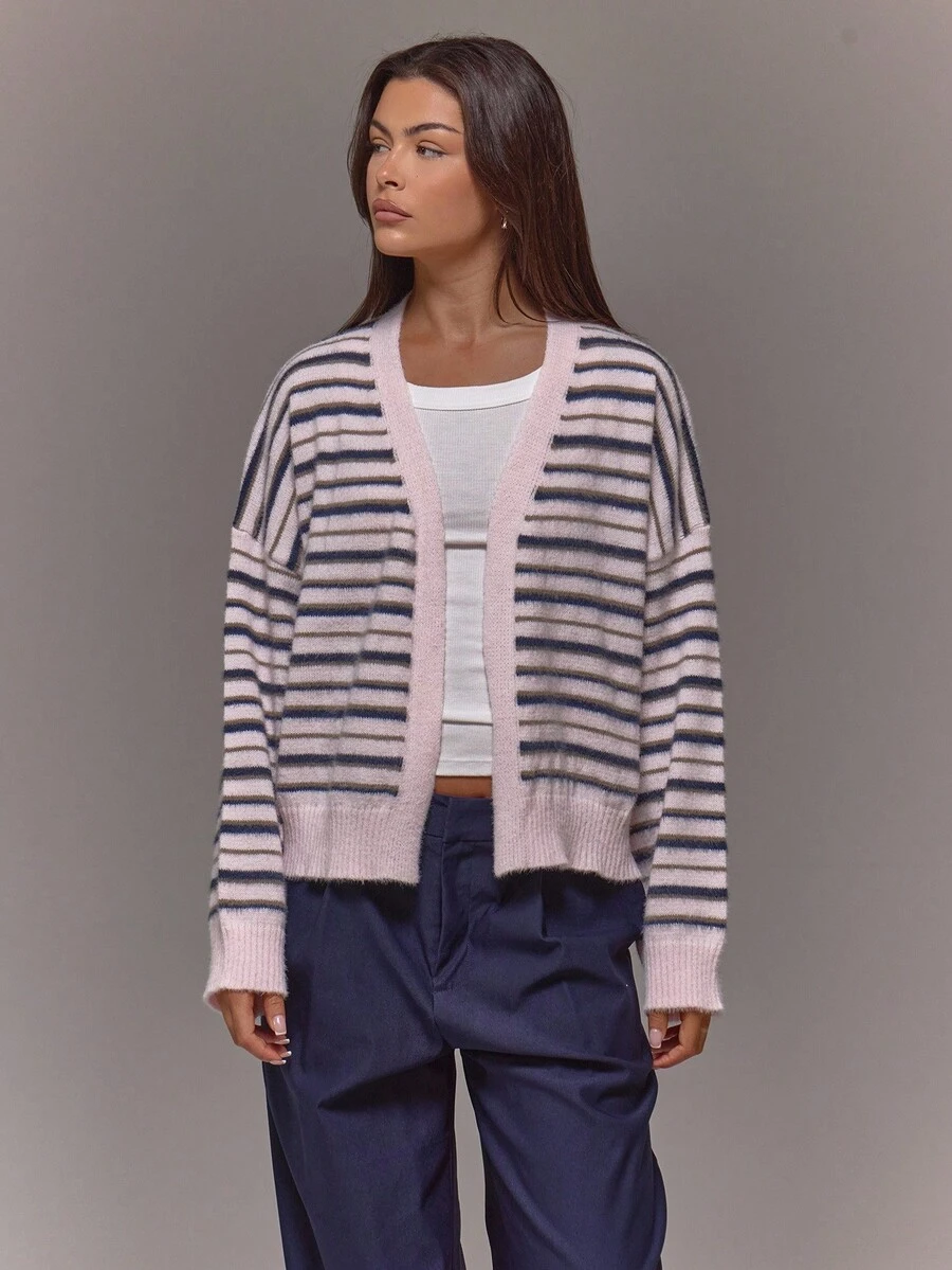 MUSERA Oversized Ribbed Knit Stripe Cardigan Occasion Going Out Night Out Winter Cute Date Night Cosy - Multicolor - View 1
