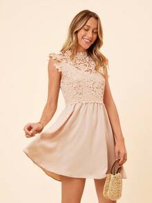 Coeurva 拼接水溶蕾絲後拉鏈洋裝