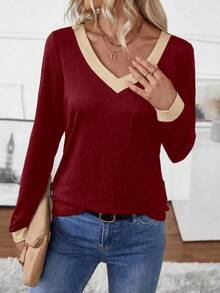 EMERY ROSE Women's Autumn Long Sleeve Colorblock V-Neck T-Shirt Tees Women Tops For Spring - Multicolor - View 3
