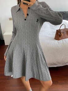 DAZY 女士休闲绣花领针织长袖毛衣裙，秋季 - 灰色 - 查看 5