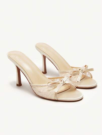 CUCCOO CHICEST Women Champagne Lace Pointed Toe High Heel Mules For Christmas Elegant Shoes