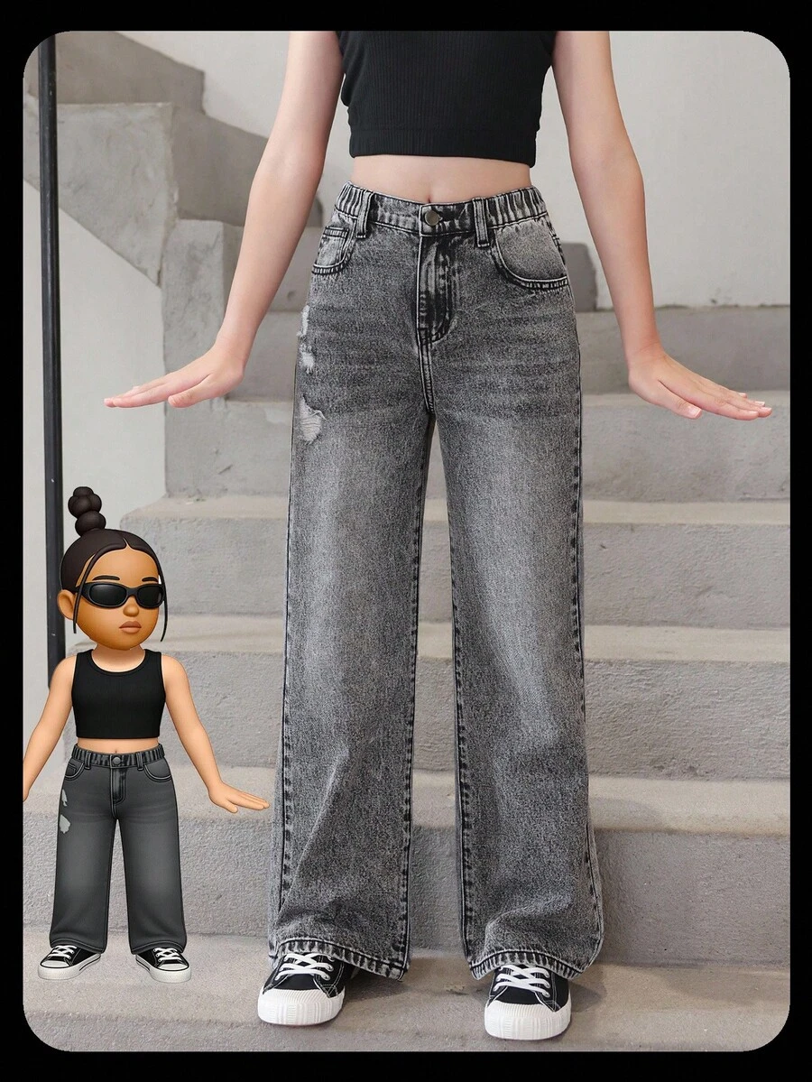 SHEIN Girls' Casual Distressed Washed Straight Leg Jeans - Grey - View 1