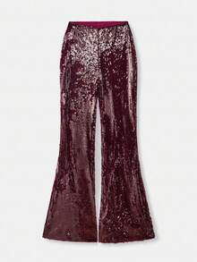 lacRébo Calça Flare com Lantejoulas Borgonha, Festa, Primavera, Mulheres, Outono, Primavera, Mulheres, Primavera, Verão, Festa - Vinho - Visão 8