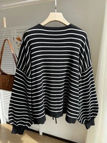 SHEIN Comfortcana 大码女式休闲条纹系带宽松开衫，秋冬 - 黑與白 - 查看 2