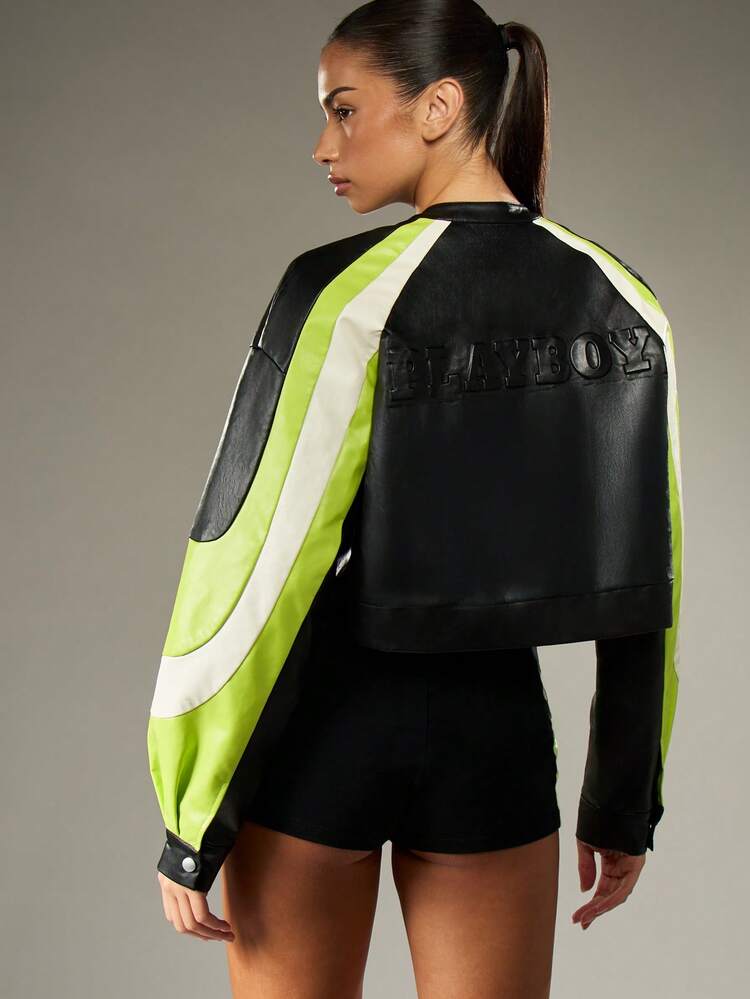 Missguided x Playboy Crop Fit Collection Bomber Jacket Moto Style Streetwear Fashion With Neon Color Block Panels Bunny Logo Stars Leather Look Outerwear Biker Inspired Retro Modern Design