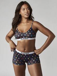 Missguided x Playboy 胸罩和内裤套装，带兔子印花弹力弹力带内衣内裤，舒适透气，多色派对俱乐部套装 - 黑色 - 查看 4