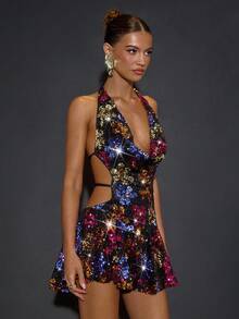 SHEIN BAE Women's Fashionable Sexy Sequin Backless Halter Mini Dress,Autumn Women's Clothing, Winter Women's Clothing, Christmas, Halloween, Thanksgiving, Sequin Party Dress, Disco Dress,Sequin,Sequin Dress ,Luxury Evening Dress For Women,Elegant Dress ,Cocktail Dresses, Colorful Sequined Dresses,Dresses For Women Party,Party Dresses For Women