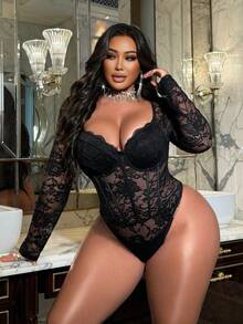 NU&NOW Plus Size Women Lace Bodysuit, Elegant Fitted Long Sleeve Bodysuit, All Season