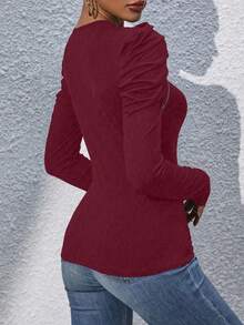 EMERY ROSE Women's Solid Color Zipper Design Gigot Sleeve Fitted Fashion T-Shirt