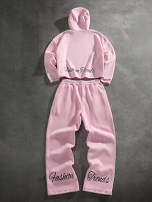 PAVTROS 2 件男士连帽运动衫和抽绳阔腿裤套装连帽衫和运动裤套装女士粉色运动服铆钉粉色套装粉色运动服粉色运动套装，秋冬装 - 粉色 - 查看 2