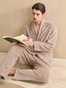 Vintage British Style Soft Coral Fleece Striped Textured Fleece Loungewear Top, Long Sleeve Button-Up Fluffy Casual Wear, Soft And Comfortable Men's Loungewear, For Fall Winter, Cozy - Grey - View 6