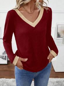 EMERY ROSE Women's Autumn Long Sleeve Colorblock V-Neck T-Shirt Tees Women Tops For Spring - Multicolor - View 5
