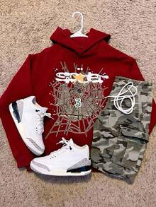 Manfinity Dauomo Men's Casual Spider Web Print Hoodie, Autumn/Winter - Burgundy - View 3