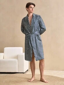 Men's Geometric Print Pockets Robe With Belt, Winter