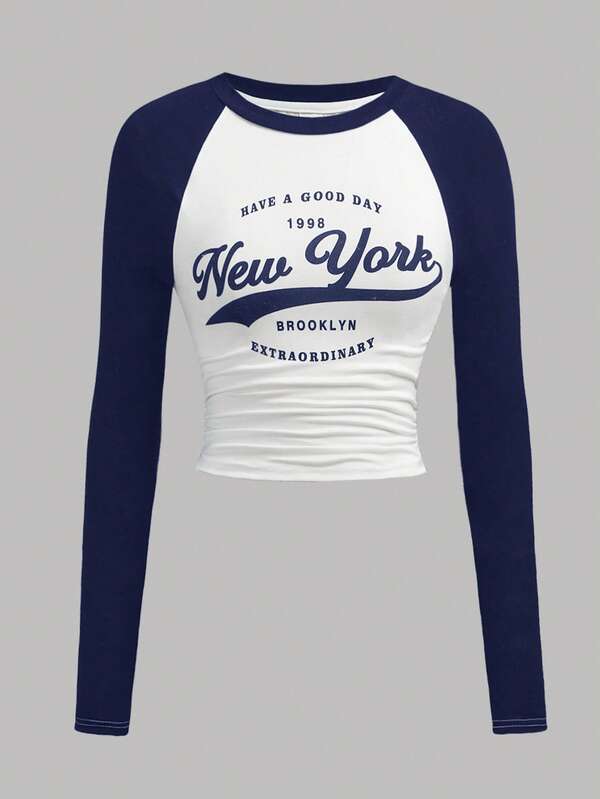 SHEIN Girlism Camiseta casual de cuello redondo con mangas raglán, estampado de letras y empalme de color contrastante para adolescentes