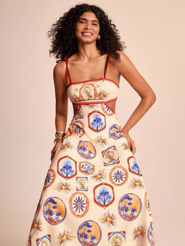 CAJUNI Vestido Casual de Férias Feminino Bege com Alças Finas, Cintura Vazada e Estampa Floral - Adequado para Encontros, Festivais de Música