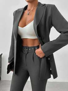 SHEIN Cottnline Women's Simple Solid Color Lapel Collar Blazer And Belted Suit Pants Set, Suitable For Work And Commute - Dark Grey - View 3