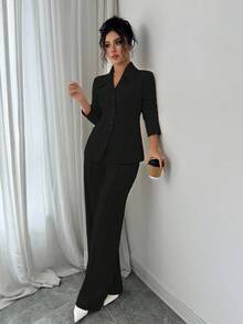 Elenzga 女士杏色厚面料V领西装外套设计黑色撞色纽扣假口袋教师制服优雅职业装，感恩节万圣节氛围，秋季新款时尚必备高端端庄长袖收腰宽松直筒裤两件套 - 黑色 - 查看 4