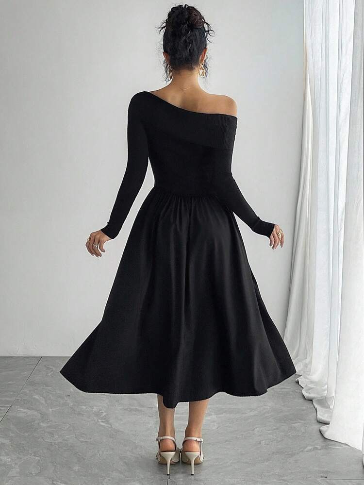 Women's Elegant Patchwork Off Shoulder Sweater Dress, Autumn