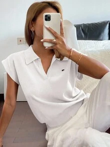 Livesso Suéter de punto de cuello polo ajustado de unicolor para mujer, informal para ir al trabajo en primavera/verano - Blanco - Ver 5
