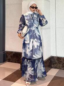 DAZY 女士印花系带长袖优雅连衣裙，端庄时尚长款连衣裙 - 藍色 - 查看 4