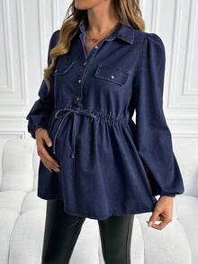 SHEIN Maternity Casual Loose Fit Long Sleeve Blue Denim Shirt