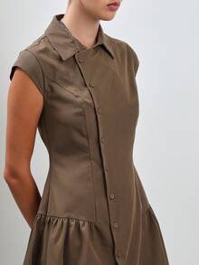 COUREZ 前开扣迷你衬衫裙/外出服 女士秋装 女士冬装 优雅派对礼服 别致连衣裙 - 軍綠色 - 查看 6