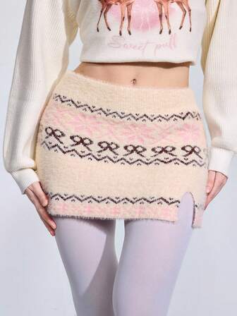 ROMWE Avant Gonna mini in maglia con motivo jacquard a cuori e croci, effetto pelliccia finta, con laccio in vita e orlo spaccato, in stile Y2K, per donna