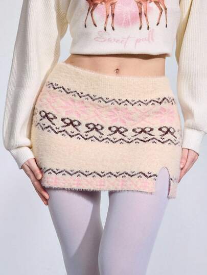 ROMWE Avant Y2K Fairisle Cream Heart & Cross Jacquard Faux Fur Wrap Tie Waist Split Hem Knit Mini Skirt For Women