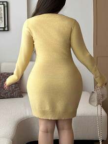 Flirla Robe en tricot casual à manches longues et col V de couleur unie pour femmes grandes tailles, automne - Jaune citron - Voir 4