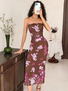 EastFlair Váy họa tiết hoa thanh lịch dành cho nữ, mùa hè - Hồng - Xem 4