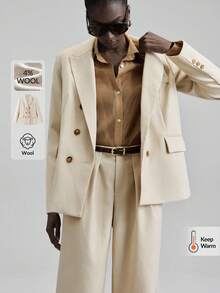 Ontre Wool Material Khaki Women's Blazer Jacket, Long Sleeve Suit, Wool Blend, Business/Casual Commute, Minimalist Design, Leisure Style, Autumn Wear, 2025 New Collection, Business Casual, Vintage, Back To School Modern Urban Casual Fashion Business Casual Women's Office Wear Low-Key Old Money Style Effortless Temperament High-End Urban Commuting High-Quality Airport Women's Wear High-End Material - Khaki - View 2