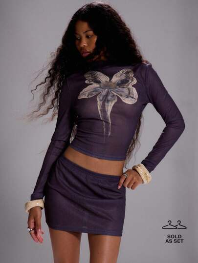 MUSERA Conjunto de top de manga larga ajustado y mini falda con estampado gráfico floral de malla - Elegante, sexy y apropiado para salir en otoño, invierno y temporada de frío