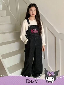 HELLO KITTY AND FRIENDS | SHEIN DAZY Tween Girl Casual Fashion Street Style Cartoon Letter Graphic Slant Pocket Wide Leg Denim Jumpsuit - Grey - View 1