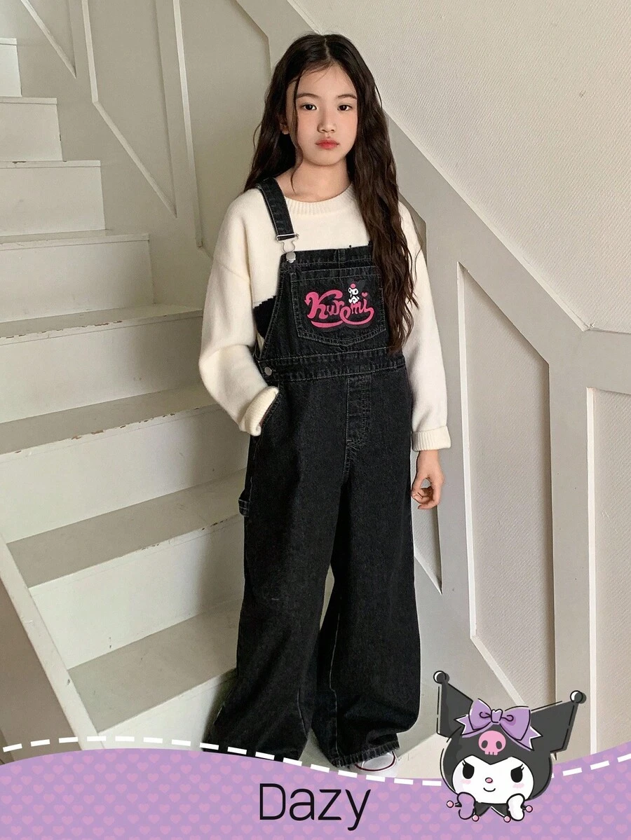 HELLO KITTY AND FRIENDS | SHEIN DAZY Tween Girl Casual Fashion Street Style Cartoon Letter Graphic Slant Pocket Wide Leg Denim Jumpsuit - Grey - View 1