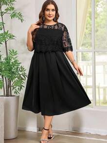 Reflora Plus Size Women Elegant Romantic Lace Patchwork Dress - Black - View 6